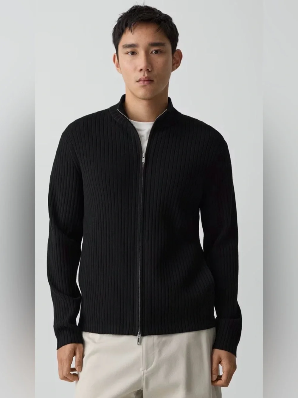 Theory Black Ribbed Full-Zip Sweater